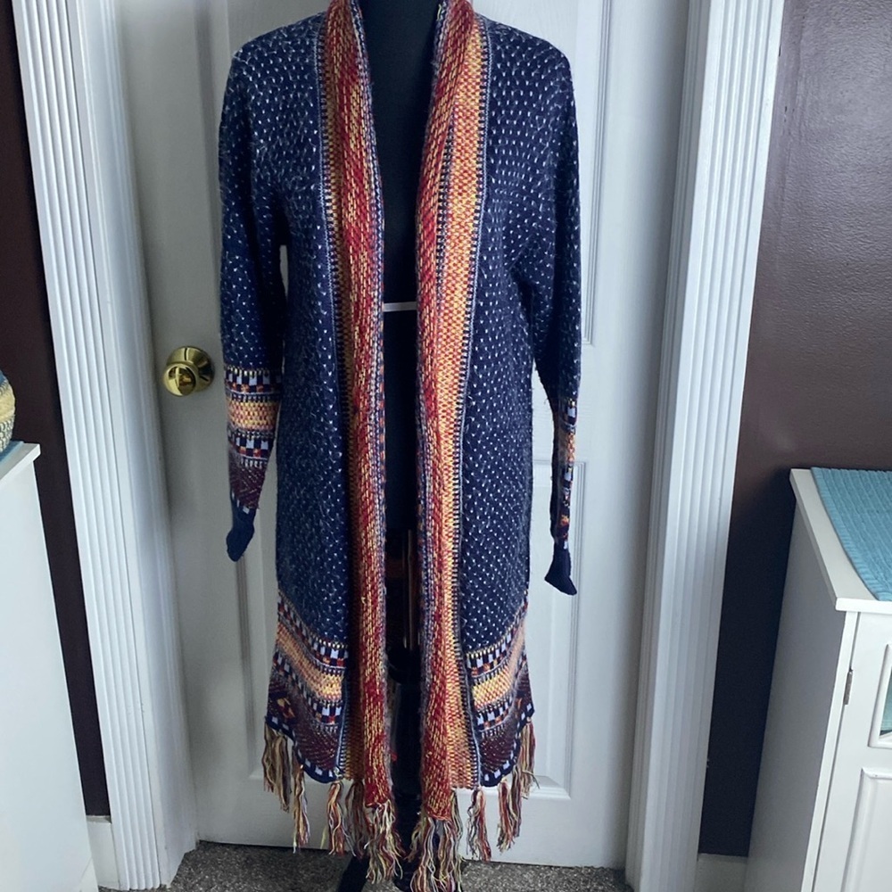 Beautiful Long Eyelash Cardigan Fair Isle Sweater Blue White Red Yellow Fringe